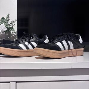 adidas Black Sneakers with White Stripes and Brown Sole